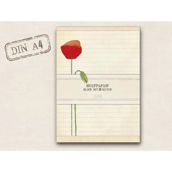Briefpapier A4 - Mohn (25 Seiten) Antique White Tikiono