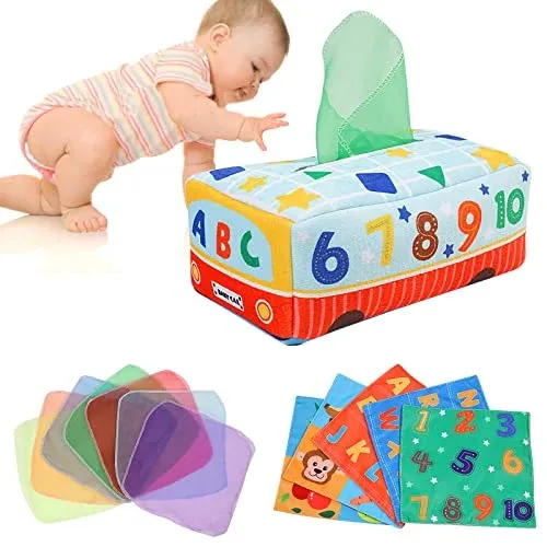 Baby Toy Tissue Box with Crinkle Paper and Colorful Silk Scarves