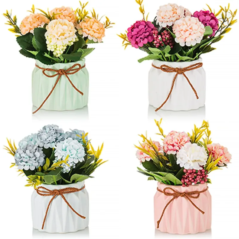 Set of 4 Mini Artificial Hydrangea Flowers in Pot Table Decoration
