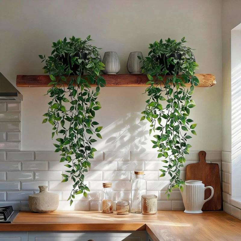 Pack of 2 Artificial Plants, Hanging Plant with Pots, Ivy Artificial Leaves