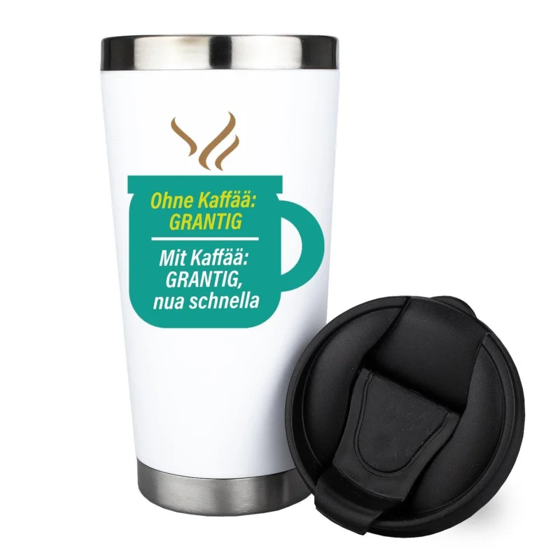 Weißer Thermo-Becher Ohne Kaffee Grantig mit grünem Spruchdesign und abnehmbarem schwarzen Deckel.